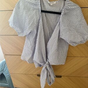 Blue and White Checked Tie Front Puffed Sleeve Blouse